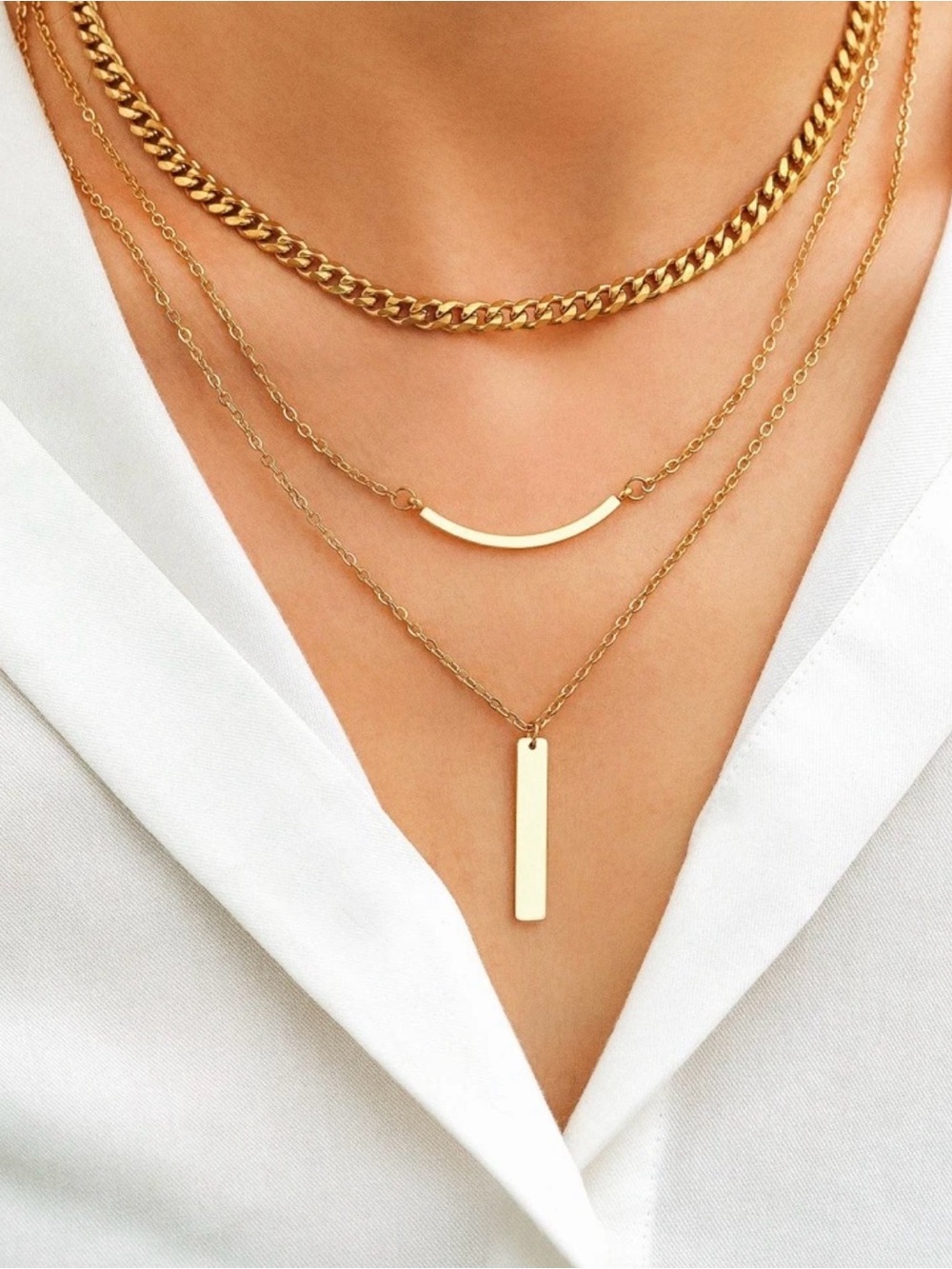 Gold Layered Bar and Curb Chain Necklace Set - Women's Jewelry